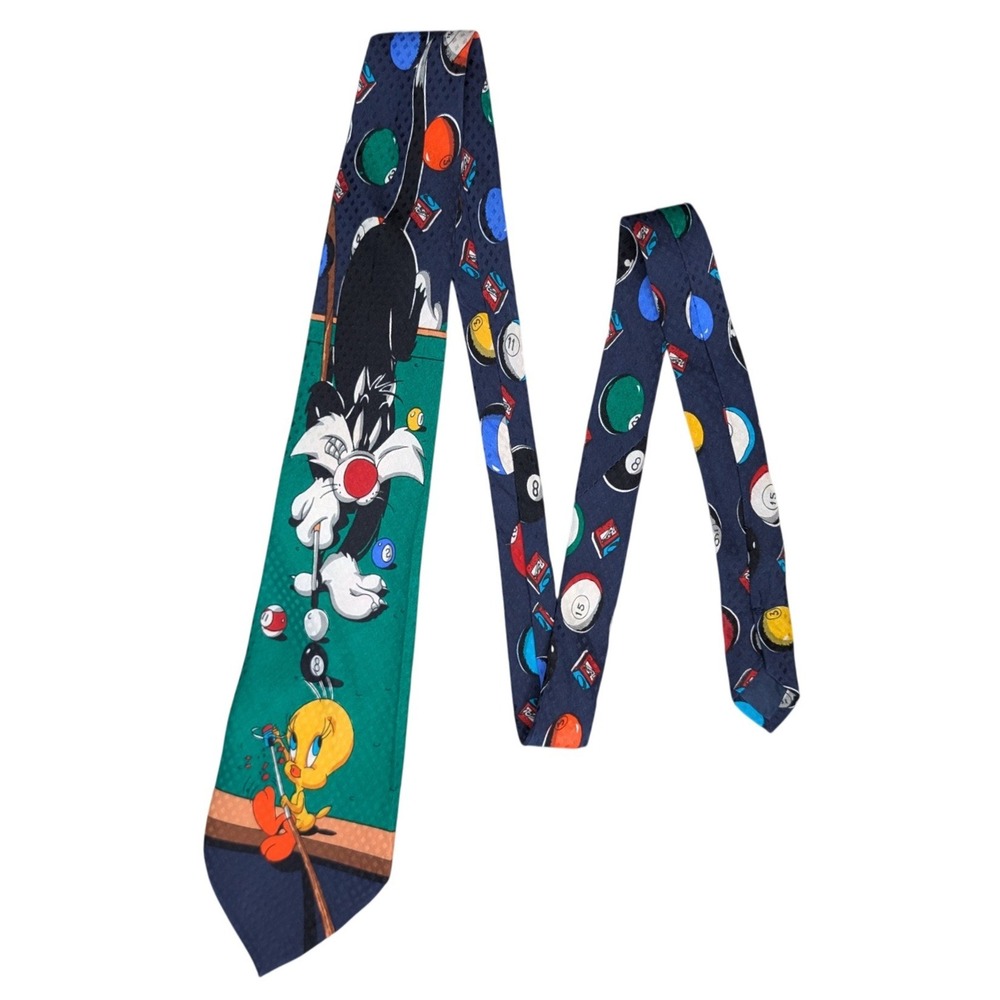 90s Vintage Looney Tunes Sylvester Tweety Bird Pool Billiards Theme Neck Tie